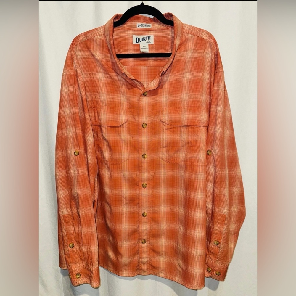 Duluth Trading Shirt Orange Plaid Long Sleeve Button Up UNTUCKED Mens 3XL - Picture 2 of 12